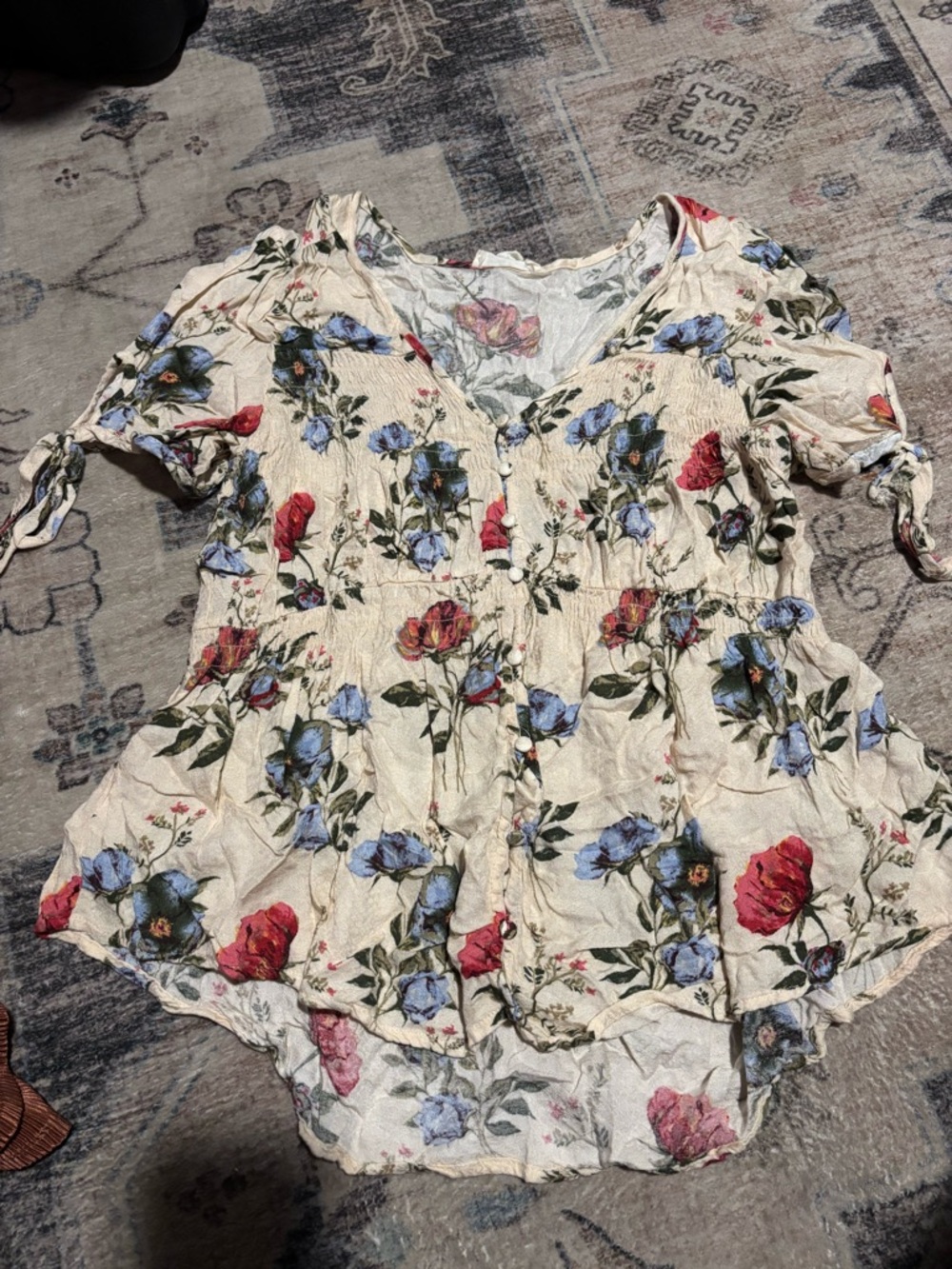 Floral V-Neck Button Front Women’s Top - Cream with Red & Blue Flowers